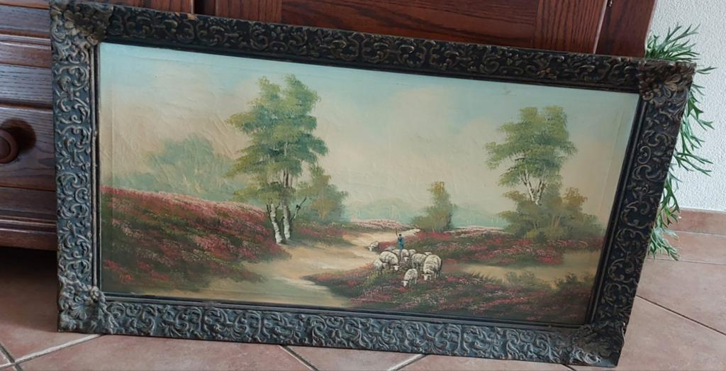 Olieverfschilderij Herder met schapen in heidelandschap, Ophalen