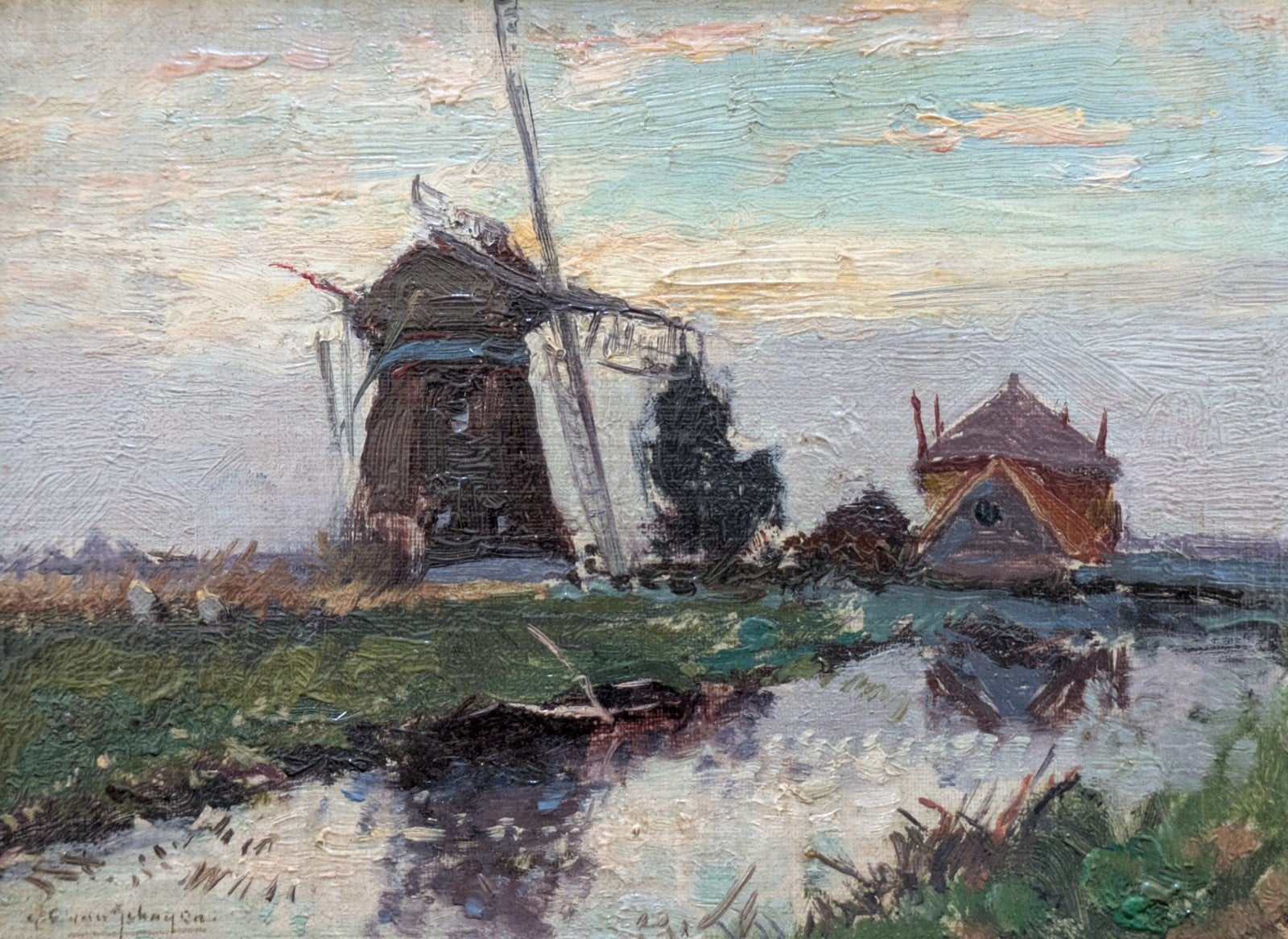G.F. VAN SCHAGEN | Hollands landschap met molen, Antiek en Kunst, Ophalen