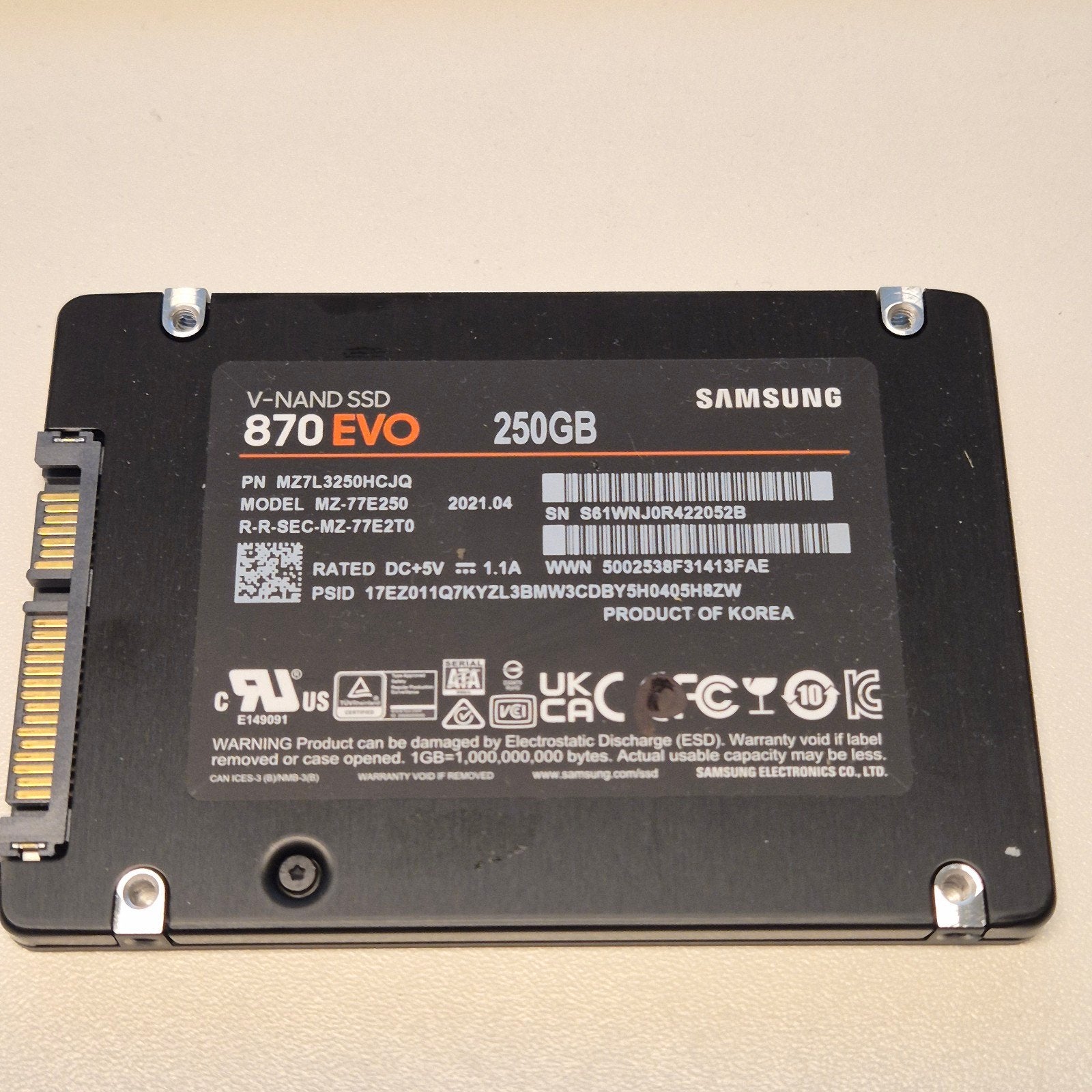 Samsung 870 EVO 250GB SSD 2,5" Sata, Computers en Software, Harde schijven, Intern, Gebruikt, Verzenden, Samsung