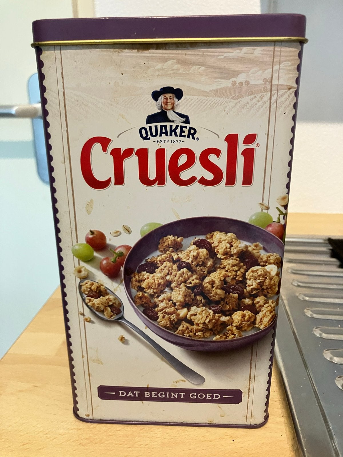Vintage Quaker Cruesli Bewaarblik - Decoratief en Praktisch, Ophalen of Verzenden, Gebruikt, Gebruiksvoorwerp