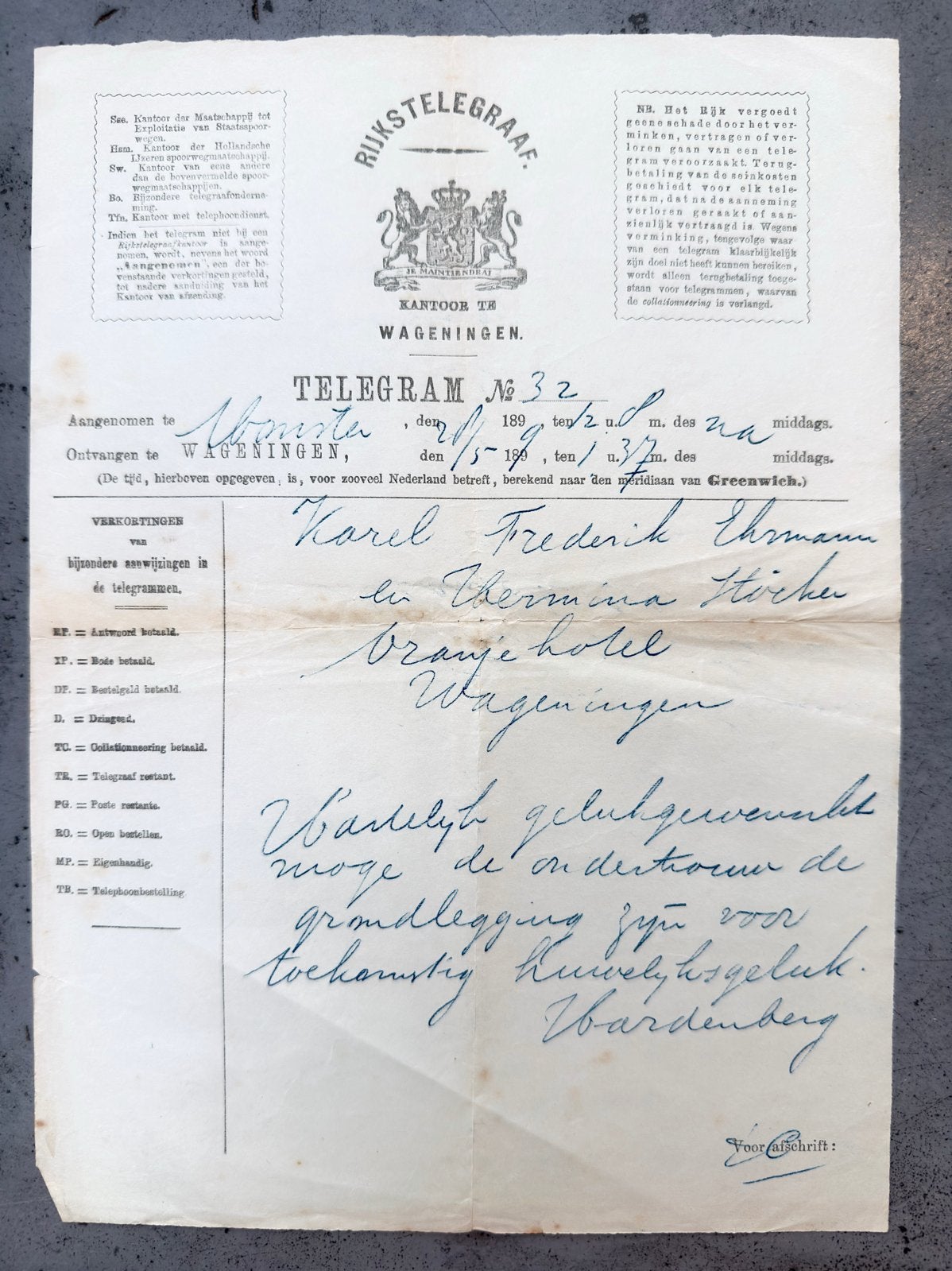 Historisch Telegram Wageningen - 1899, Ophalen of Verzenden, Overige typen