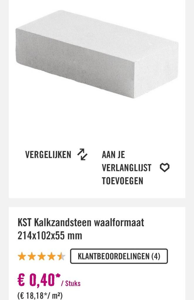 Nieuwe Kalkzandstenen Waalformaat (294 stuks), Doe-het-zelf en Verbouw, Metselstenen, Ophalen, Nieuw, Bakstenen