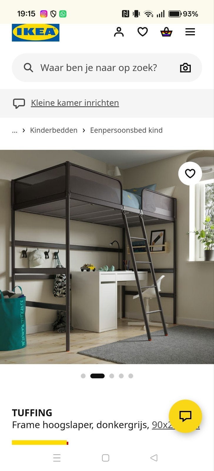 IKEA Tuffing hoogslaper, donkergrijs, 90x200 cm, Ophalen, Gebruikt, Eenpersoons, 160 tot 180 cm