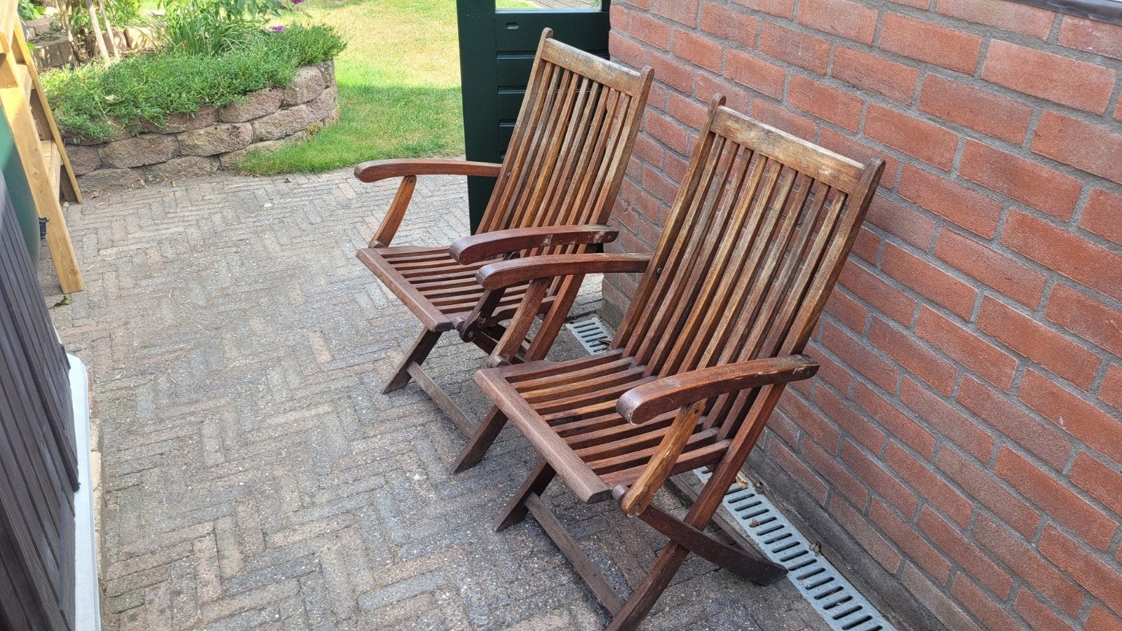 2 massief teak tuinstoelen – opklapbaar/verstelbaar, Ophalen, Gebruikt, Teakhout, Verstelbaar