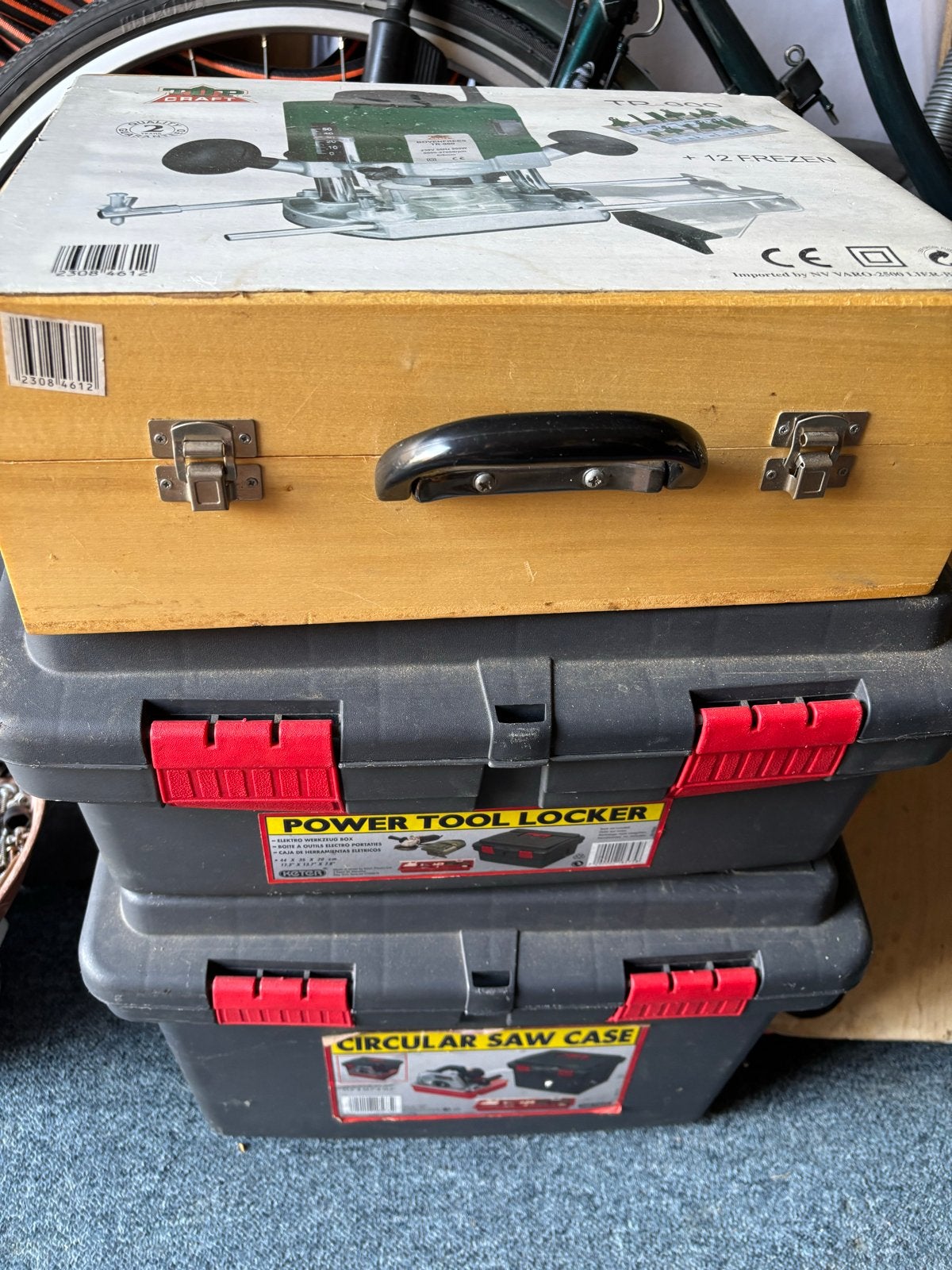 Set gereedschap: bovenfrees, cirkelzaag, decoupeerzaag, slij, Ophalen, Gebruikt