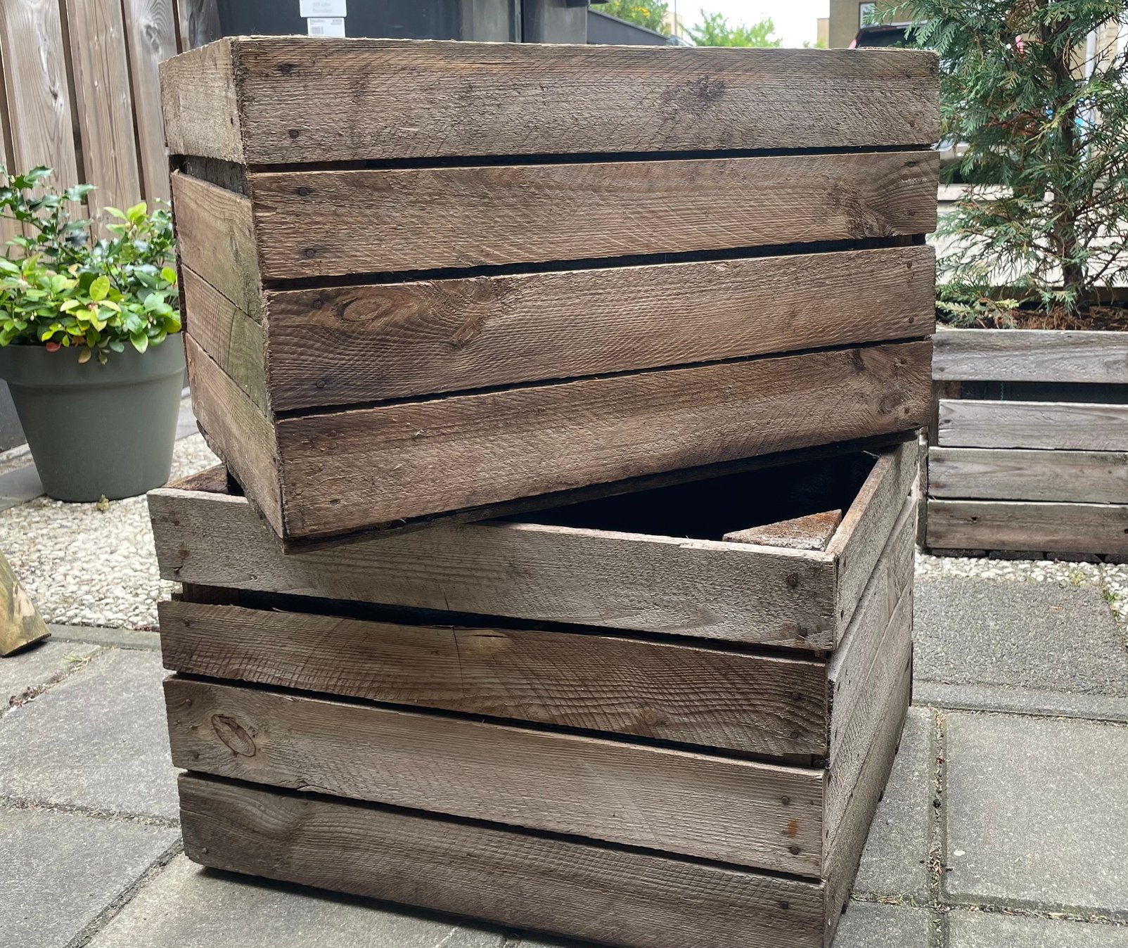 2 plantenbakken houten kratjes met worteldoek, Ophalen, Gebruikt, Hout