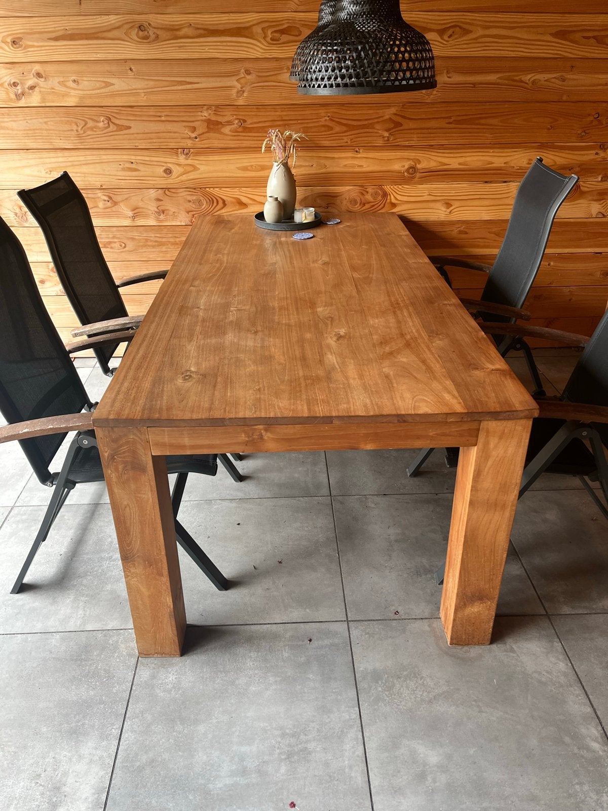 Robuuste houten teak eettafel, Ophalen, Gebruikt, Teakhout, 200 cm of meer