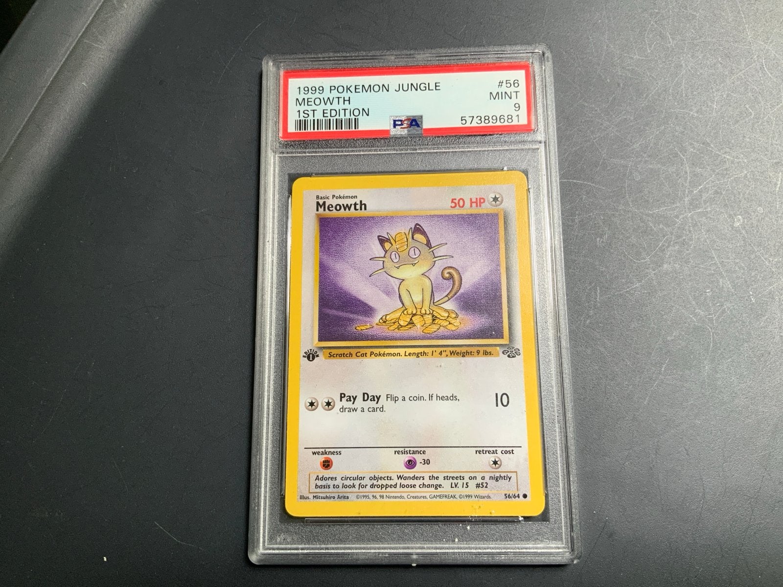 Pokémon Meowth 1st Edition PSA 9 MINT Jungle Set, Hobby en Vrije tijd, Verzamelkaartspellen | Pokémon, Ophalen, Nieuw, Losse kaart