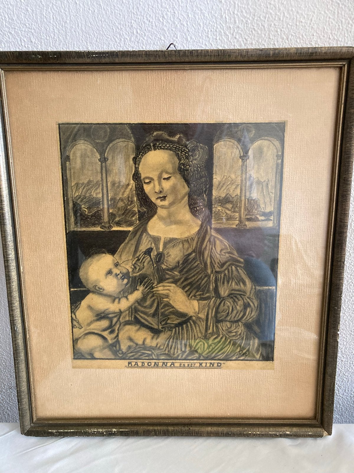 Monochrome potlood/houtskool tekening Madonna met kind, Ophalen of Verzenden