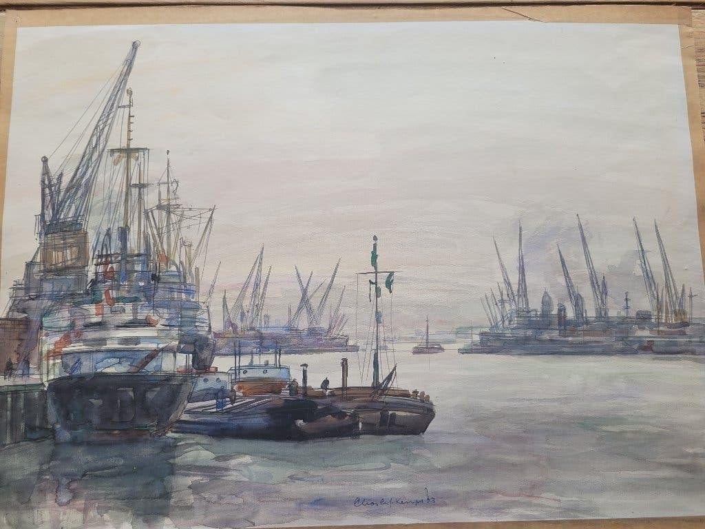 Haven gezicht, Antiek en Kunst, Ophalen, Aquarel, Overig onderwerp, Papier/karton