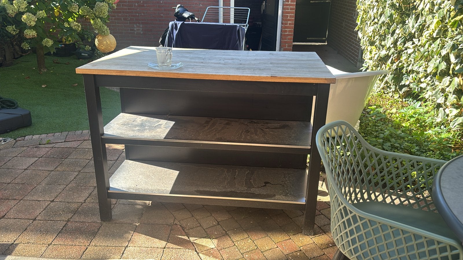 Robuuste bijzettafel/werkbank met opbergplanken, Ophalen, Gebruikt, Rechthoekig, Hout