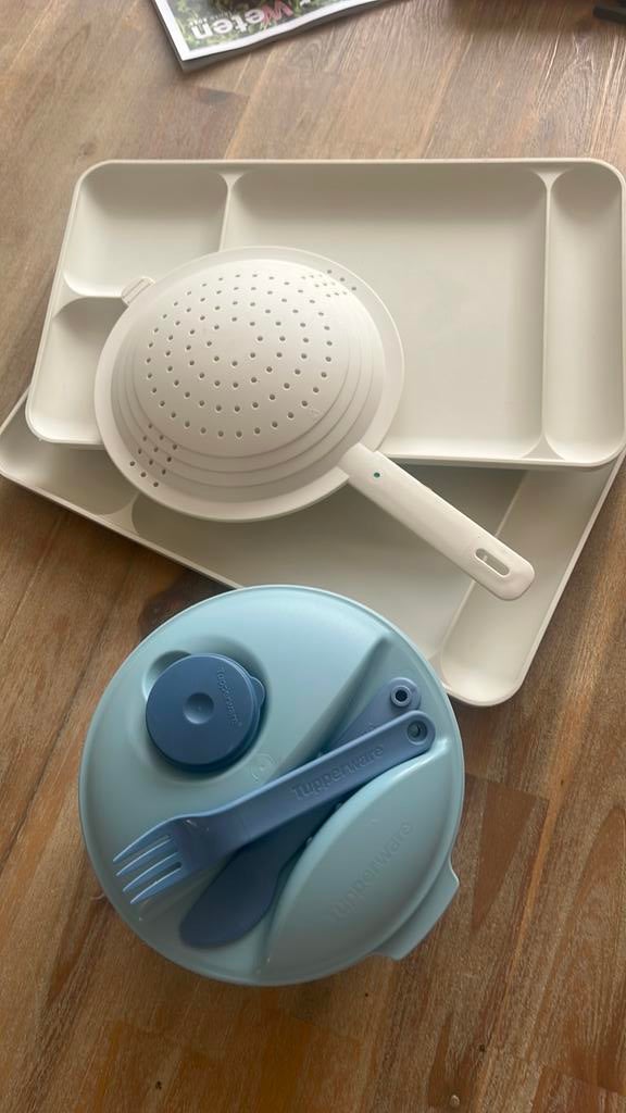 Tupperware set met vergiet, schalen en borden, Ophalen of Verzenden, Gebruikt, Crème, Overige typen