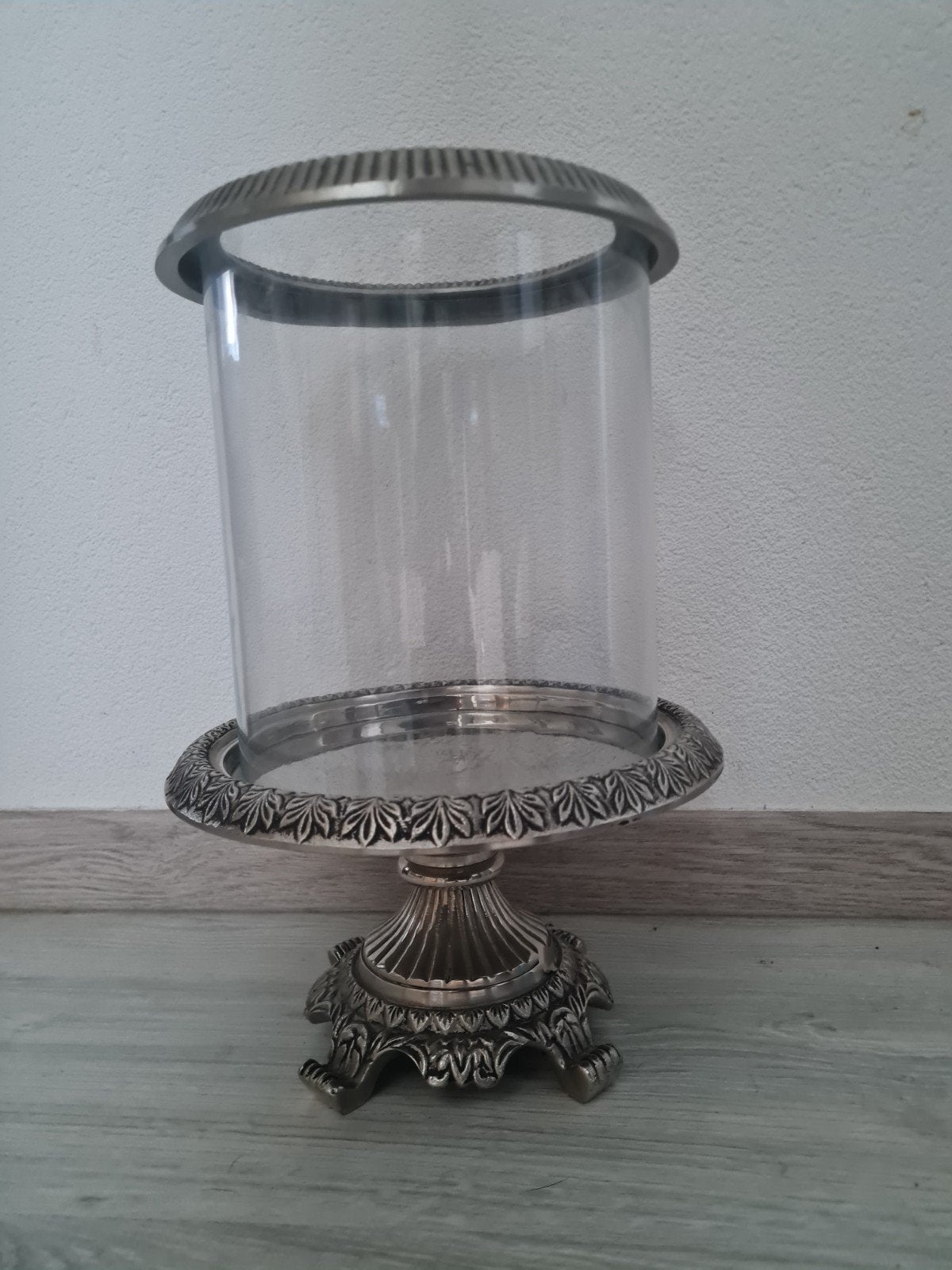 Decoratieve glazen pot met zilverkleurige voet, Ophalen of Verzenden