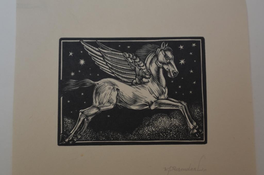 W. J. ROZENDAAL PEGASUS VLIEGEND PAARD MEDUSA Houtsnede R14, Antiek en Kunst, Kunst | Etsen en Gravures, Verzenden