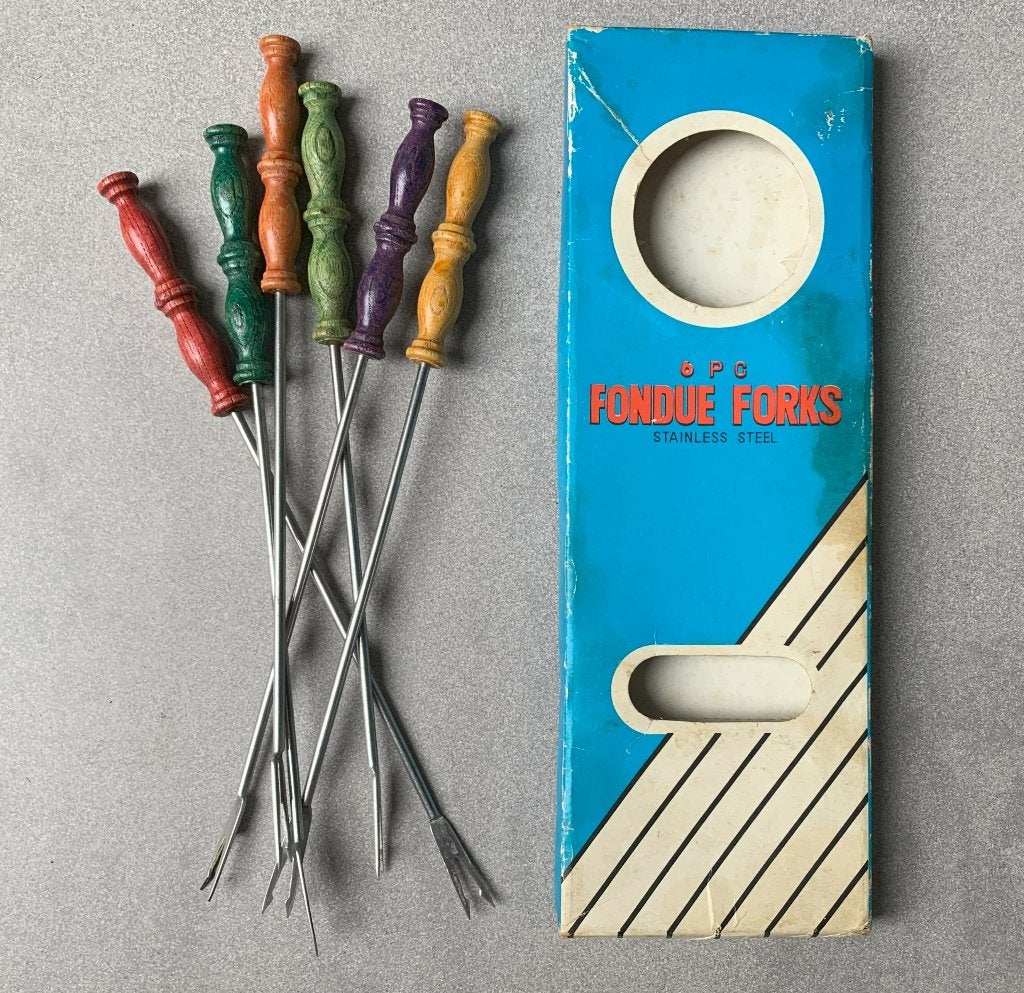 Set 6 kleurige fonduevorkjes - jaren '80 vintage, Witgoed en Apparatuur, Fonduesets, Ophalen of Verzenden, Gebruikt, Brander, Fondue-accessoires