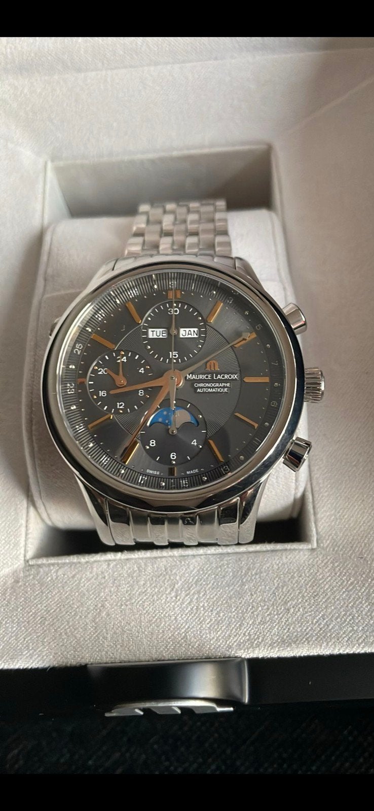 Maurice Lacroix Chronograph Moonphase LC6078-SS002-331-1, Staal, Staal, Polshorloge, Zo goed als nieuw