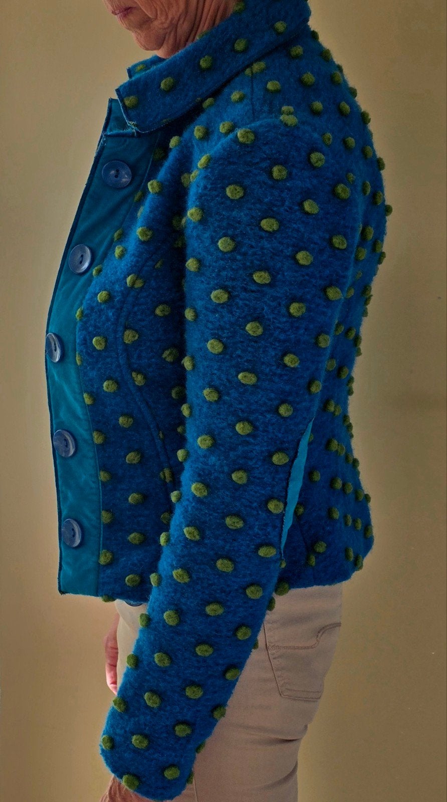 Lien & Giel wollen jasje met stippen - Maat S, Blauw, Ophalen of Verzenden, Zo goed als nieuw, Maat 36 (S)