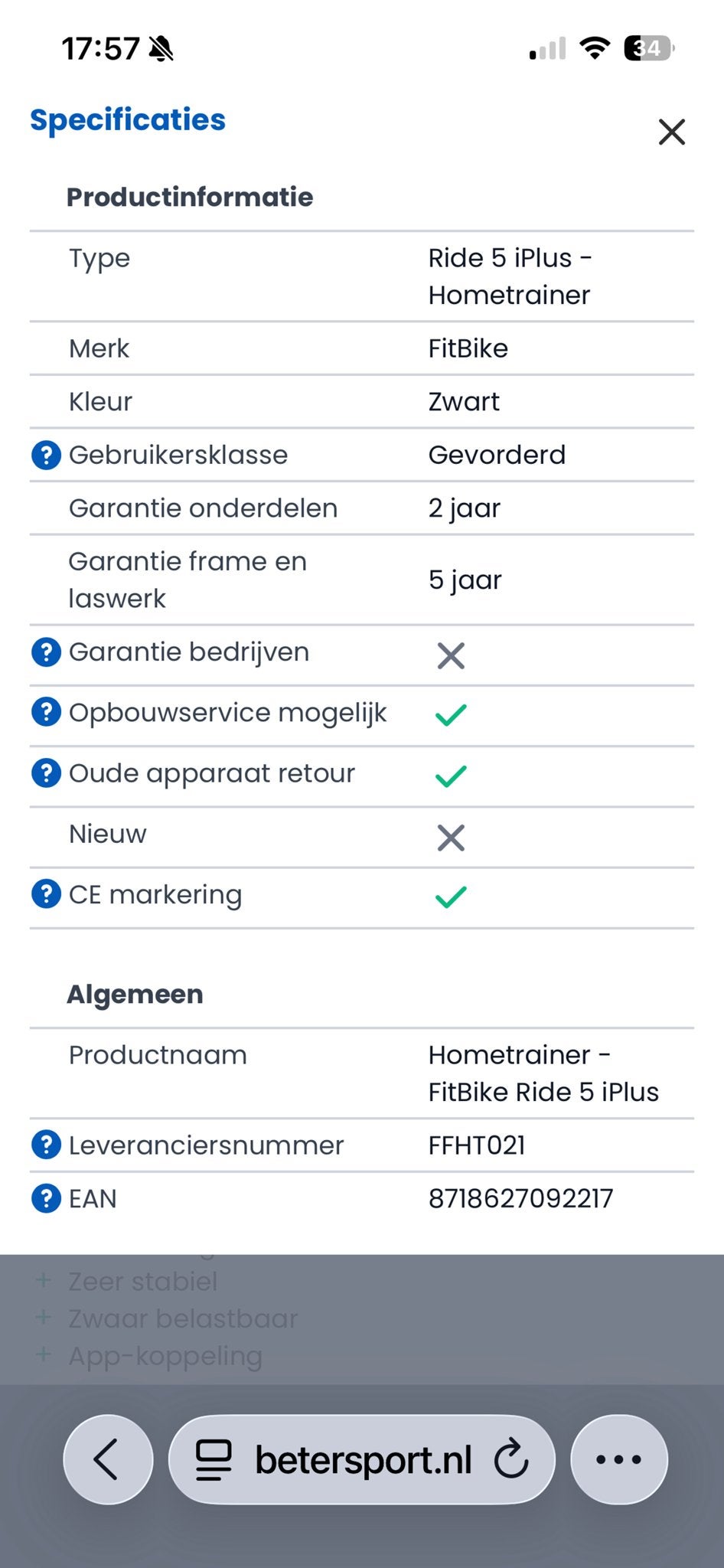FitBike Ride 5 iPlus Hometrainer - Zo goed als nieuw, Ophalen, Zo goed als nieuw, Metaal, Benen