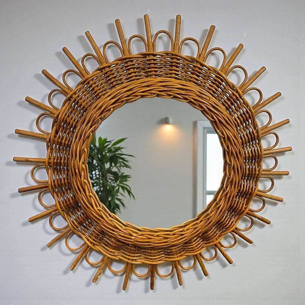 vintage rotan spiegel / ronde rieten wandspiegel, Ophalen, Minder dan 50 cm, Gebruikt, Rond