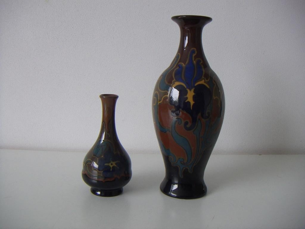 2 x Zenith Gouda plateel keramiek vazen jr.ca.1920., Overige kleuren, Aardewerk of Porselein, Ophalen of Verzenden, Zo goed als nieuw