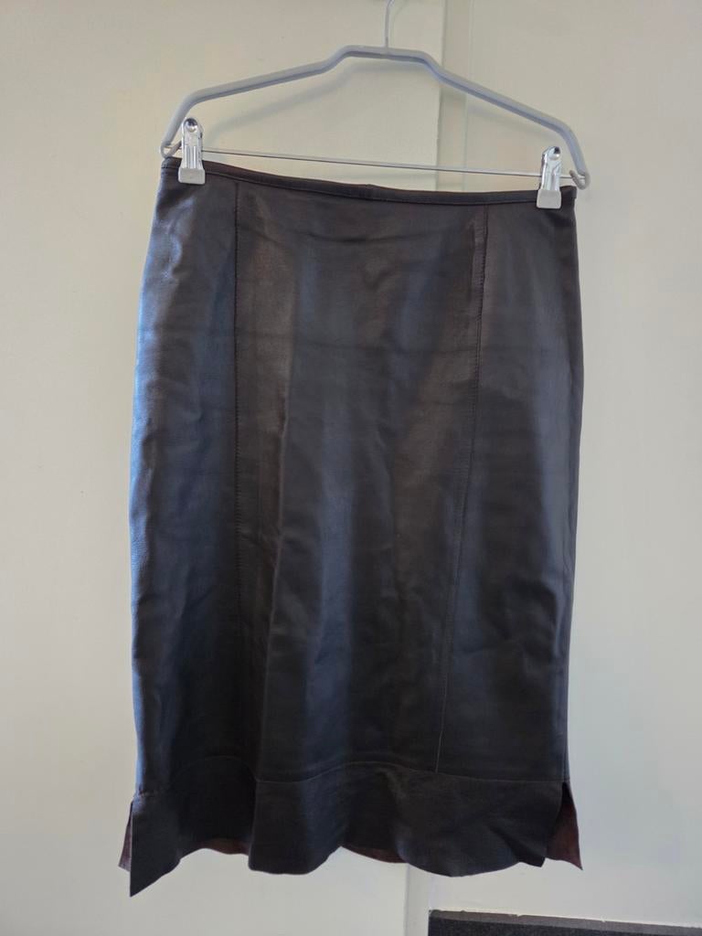 Bruin leren rok, maat M, knielengte, Maat 38/40 (M), Zwart, Ophalen of Verzenden, Zo goed als nieuw