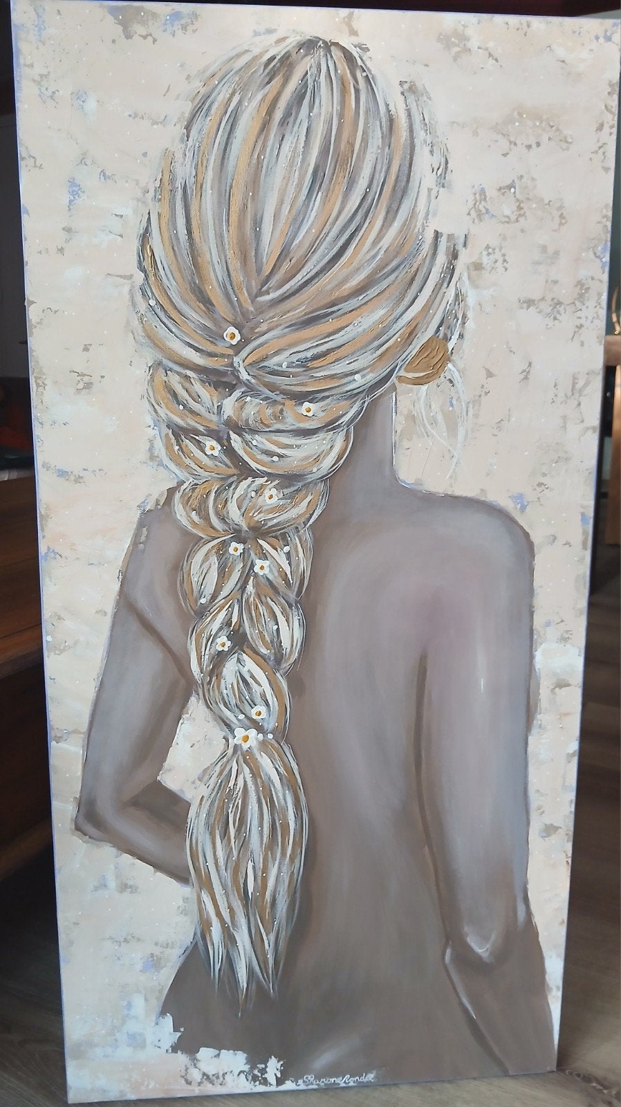 Handgemaakt Acryl Schilderij - gouden Vlecht met Bloemen, Ophalen