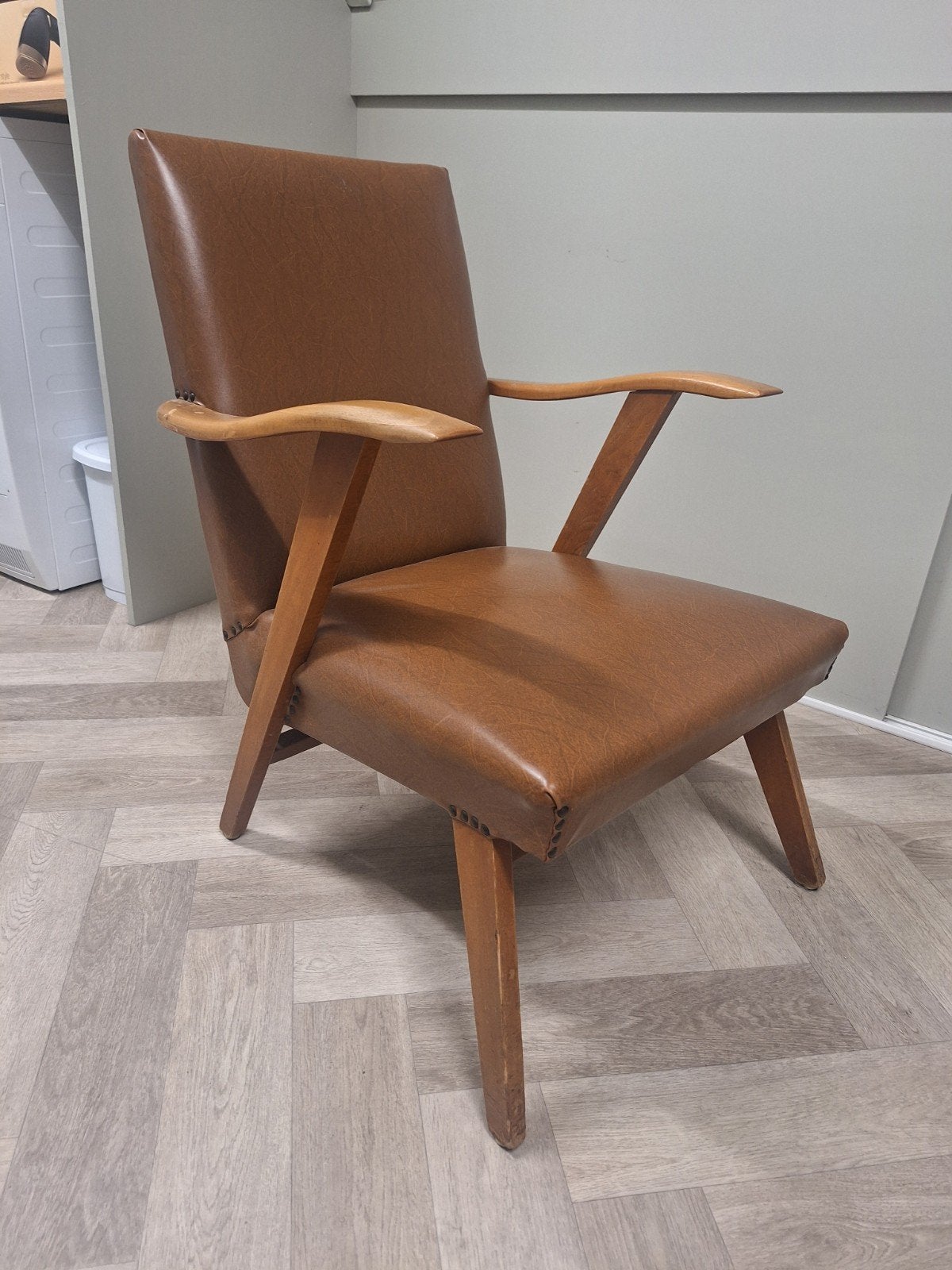 Authentieke jaren 50 fauteuil skai cognackleur, Ophalen, Overige materialen, Gebruikt, Minder dan 75 cm