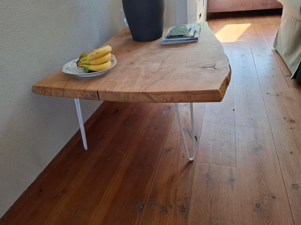 Salontafel van boomstam gezaagd met hairpin poten., Ophalen, Minder dan 45 cm, Modern, Industrieel, Rustiek, Zo goed als nieuw