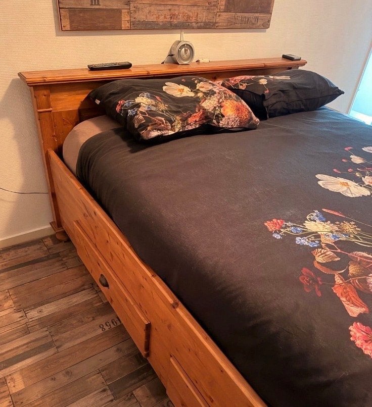 Tweepersoonsbed met opberglades en nachtkastjes, Huis en Inrichting, Gebruikt, Bruin, Tweepersoons, Ophalen of Verzenden
