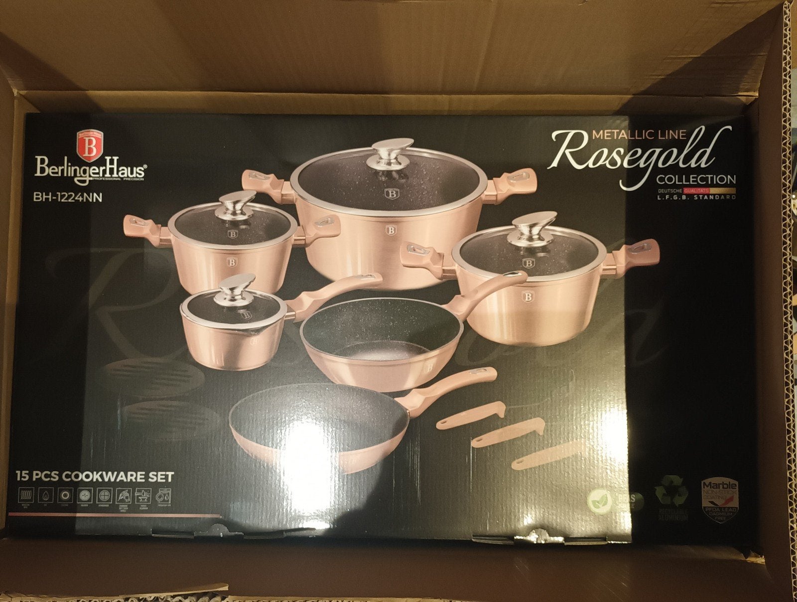 Berlinger Haus Rosegold Pannenset 15-delig - Nieuw, Nieuw, Pannenset, Ophalen of Verzenden, Antiaanbaklaag
