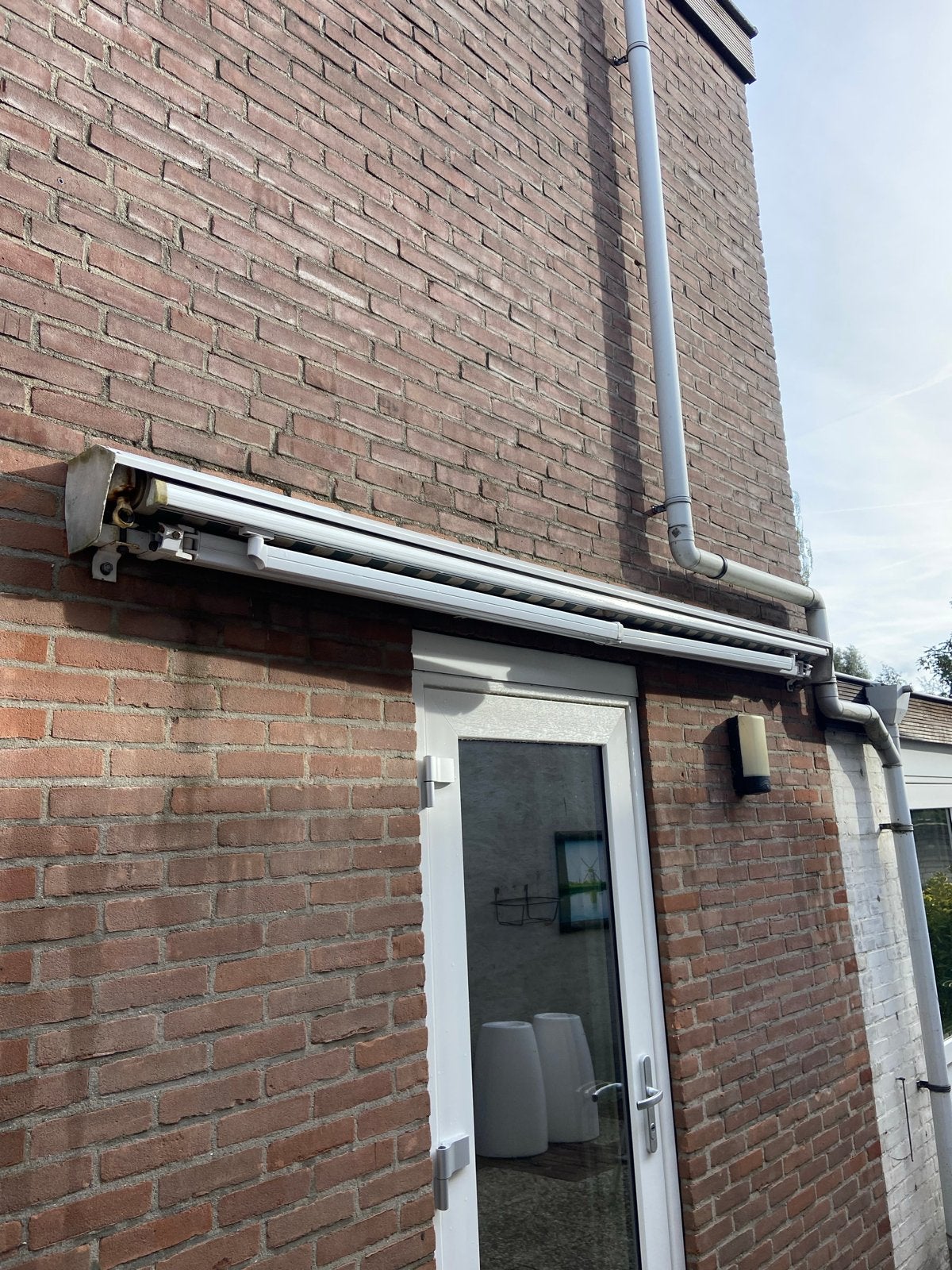 Knikarmscherm - Groen/Wit gestreept zonnescherm, Ophalen, Gebruikt, 150 tot 300 cm, 250 cm tot 450 cm