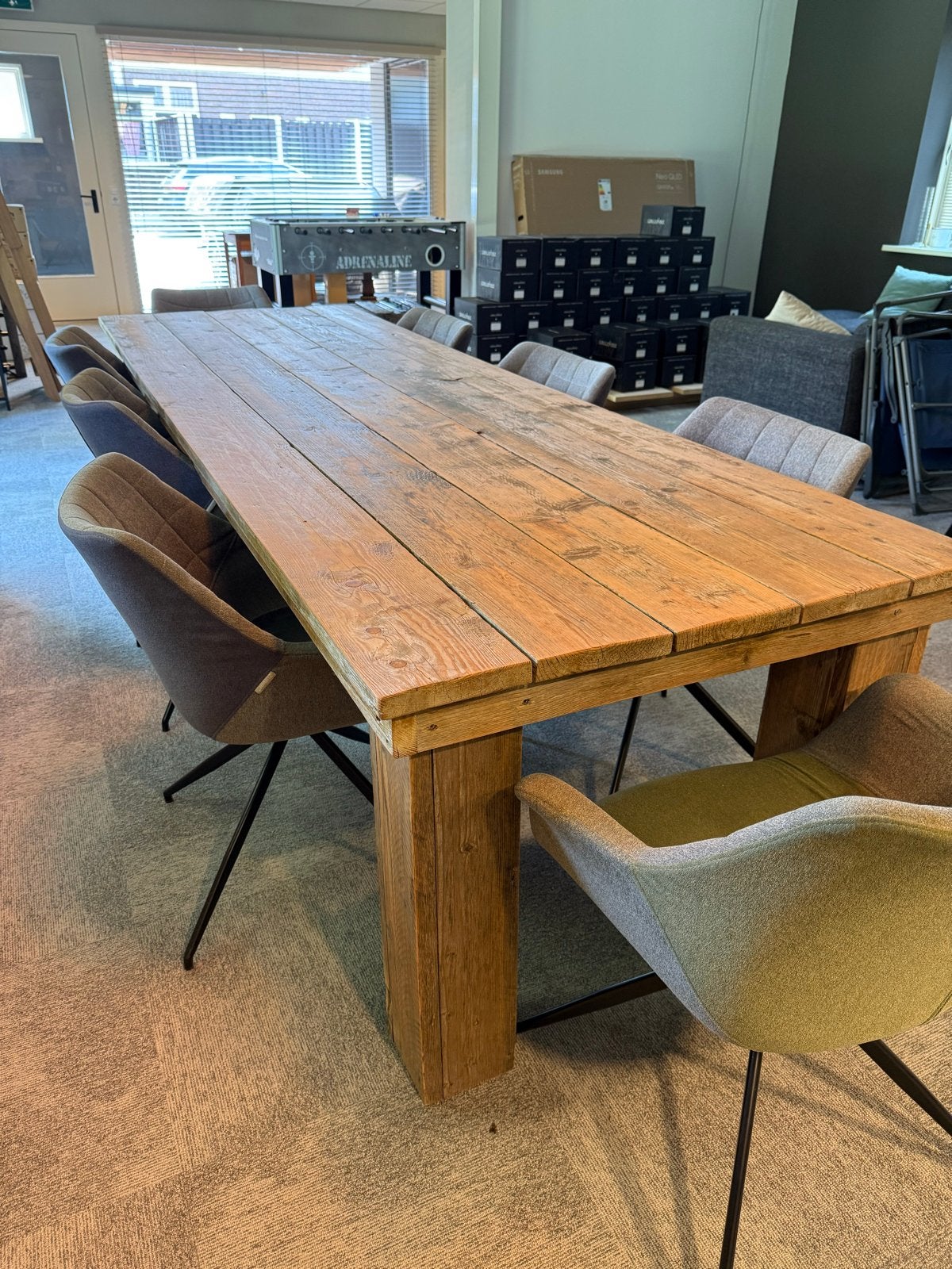 Robuuste tafel van originele steigerdelen 3m x 97cm, Ophalen, Gebruikt, 200 cm of meer, 50 tot 100 cm