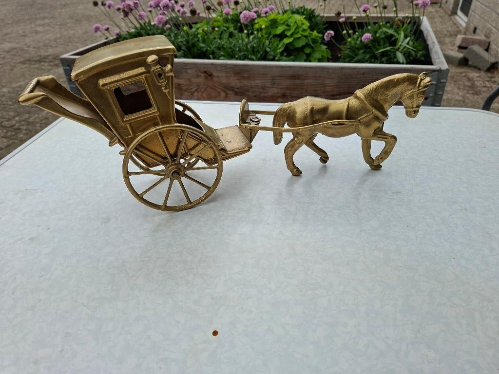antiek messing groot beeld rijtuig met paard, Ophalen of Verzenden, Metaal, Beeld