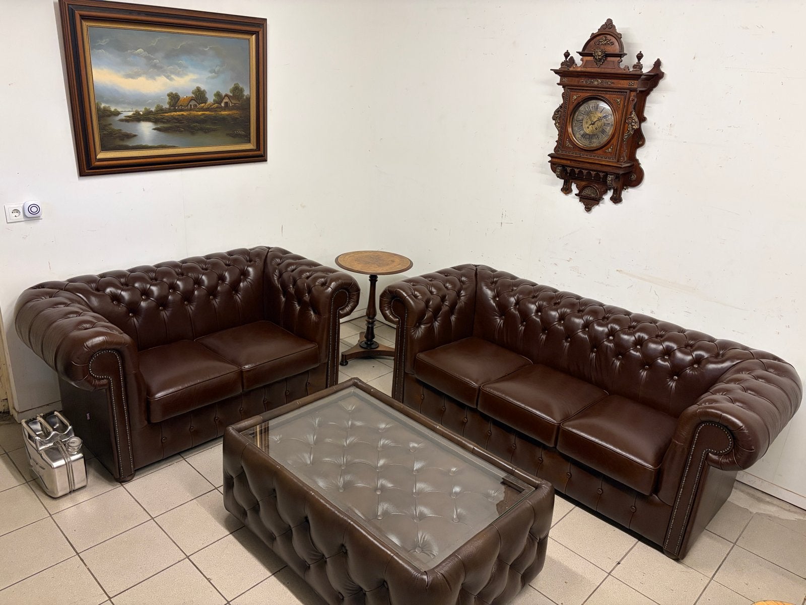 Chesterfield bankstel (2-zits, 3-zits) en salontafel leer, 7671cm, Gebruikt, Rechte bank, 200 tot 250 cm