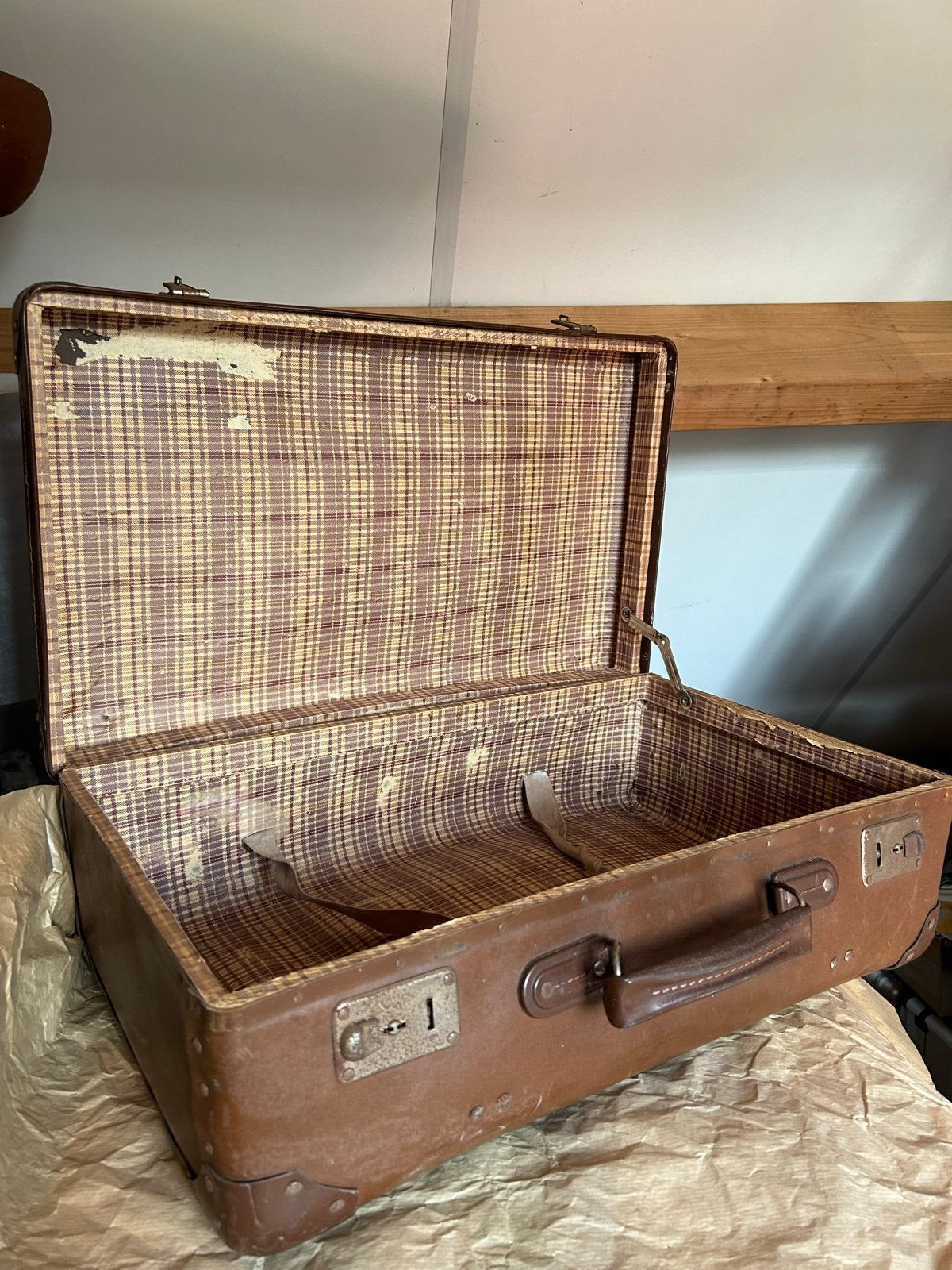 Vintage Koffer - Bruin met geruite binnenkant, Ophalen, Overige materialen, Gebruikt, 50 tot 60 cm