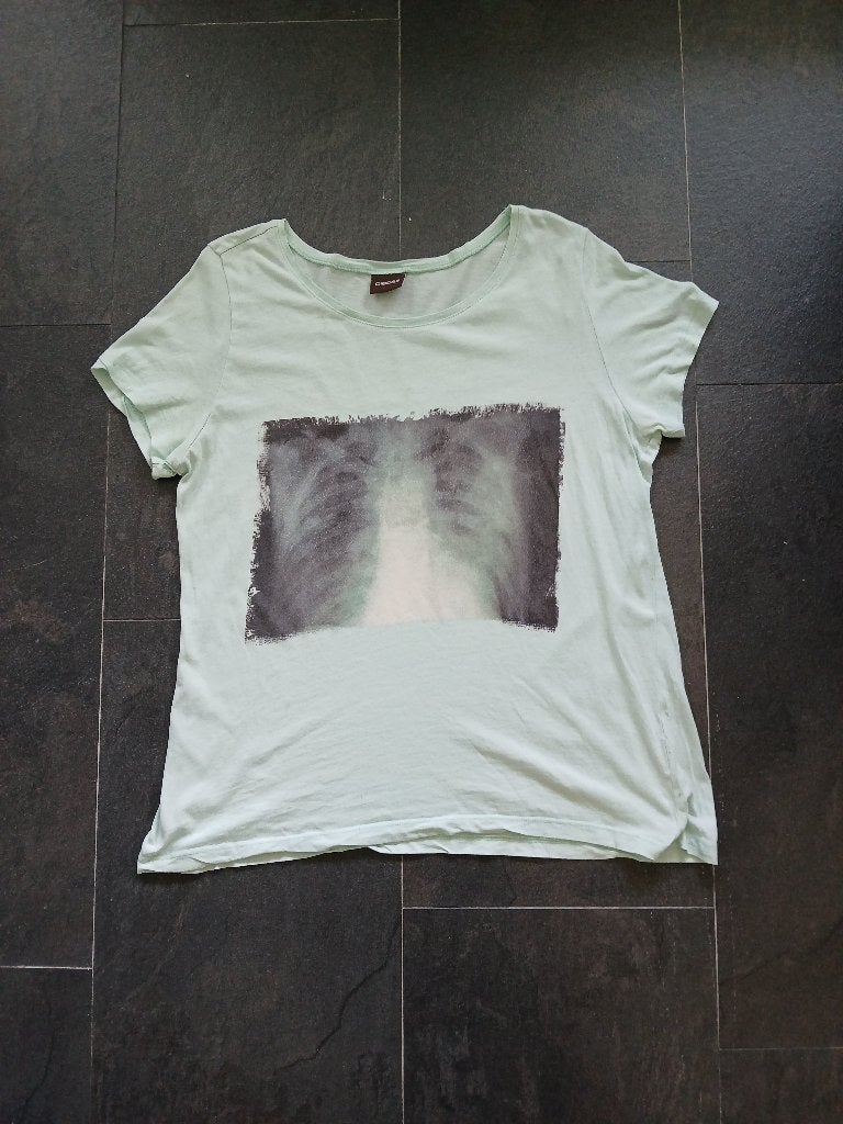 Pieces lichtblauw dames shirt x-ray ribben, alternatief, M, Maat 38/40 (M), Korte mouw, Gedragen, Pieces