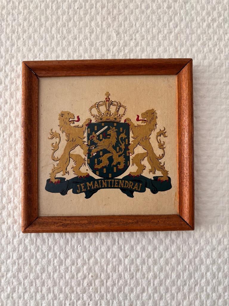 Antieke ingelijste afbeelding Rijkswapen van Nederland., Ophalen of Verzenden