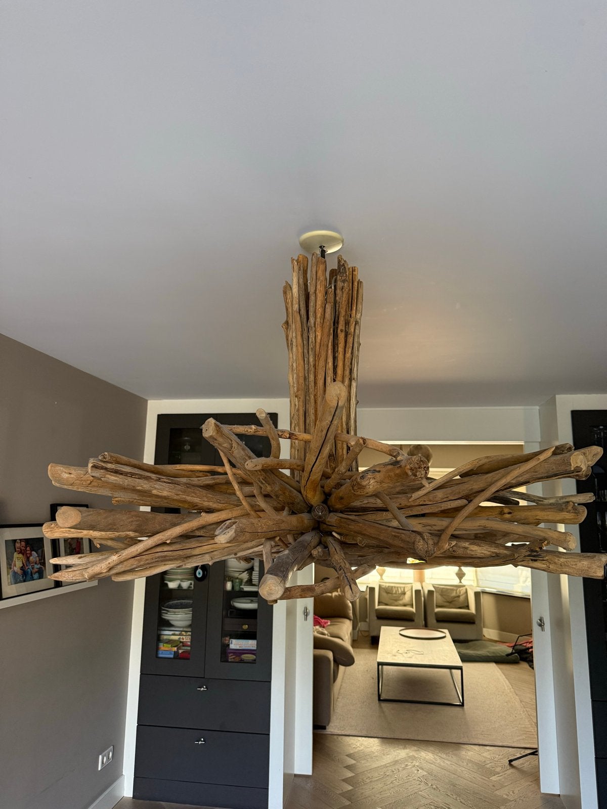 Unieke handgemaakte drijfhout hanglamp, Ophalen of Verzenden, Zo goed als nieuw, Hout, E27 (groot)