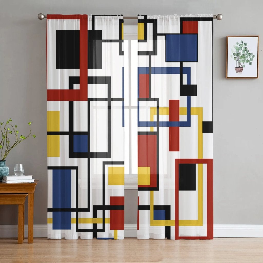Geometrisch Wit Rood Geel Blauw Zwart Gordijn Inbetween, Verzenden, Nieuw, Blauw, Gordijn