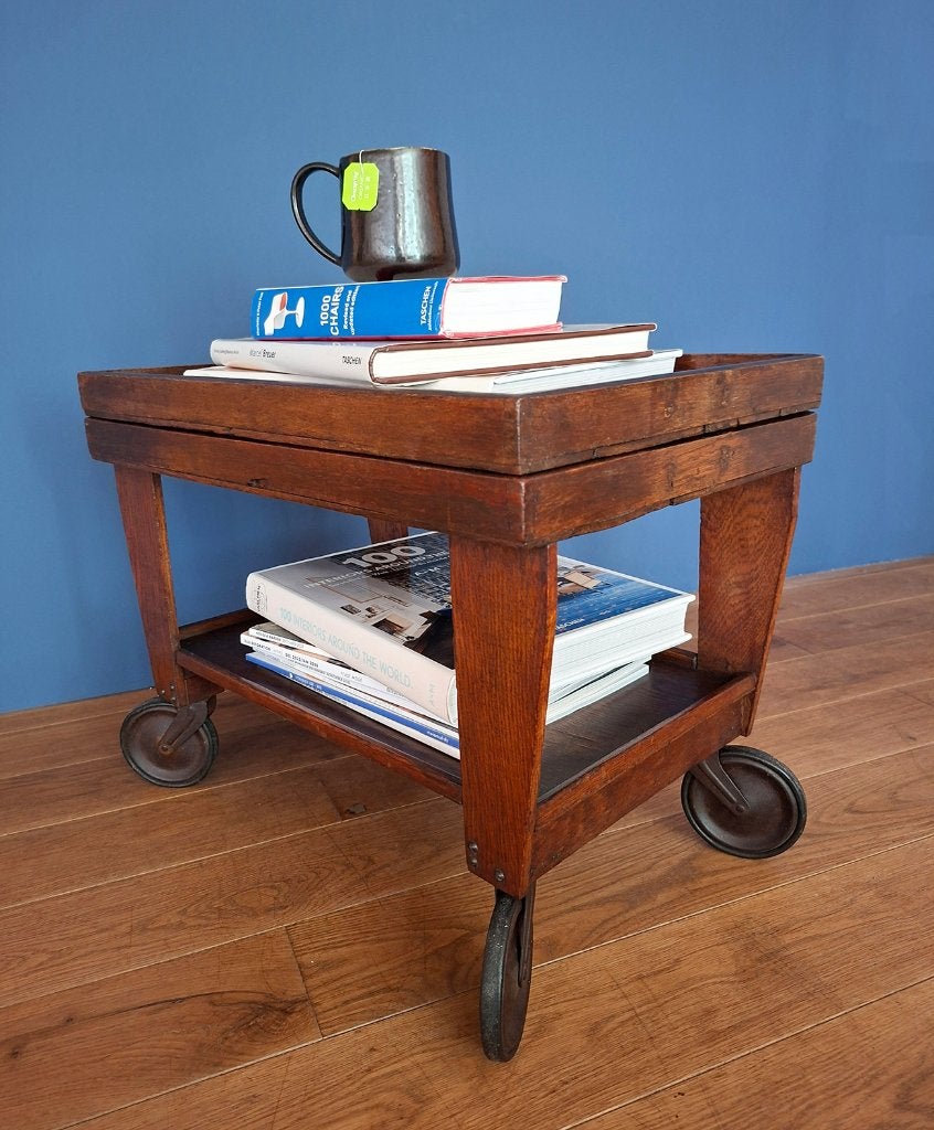 Vintage serveerwagentje, bijzettafel met wieltjes, 50's, Ophalen, Minder dan 45 cm, Minder dan 55 cm, Gebruikt