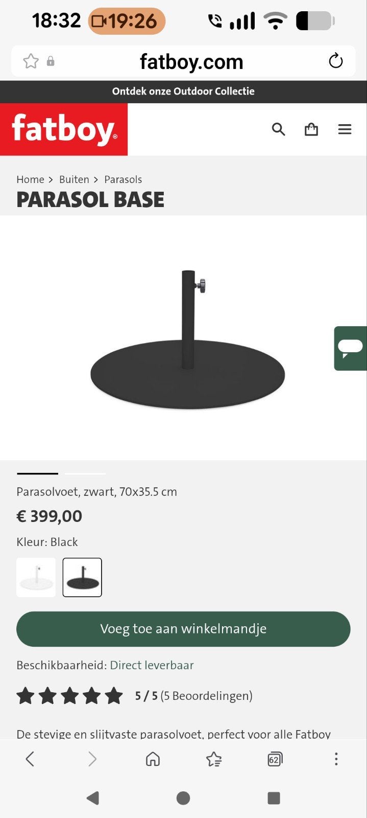 Fatboy Parasolvoet Zwart - Nieuw in doos, Ophalen of Verzenden, Nieuw, Minder dan 1 meter, Parasolvoet