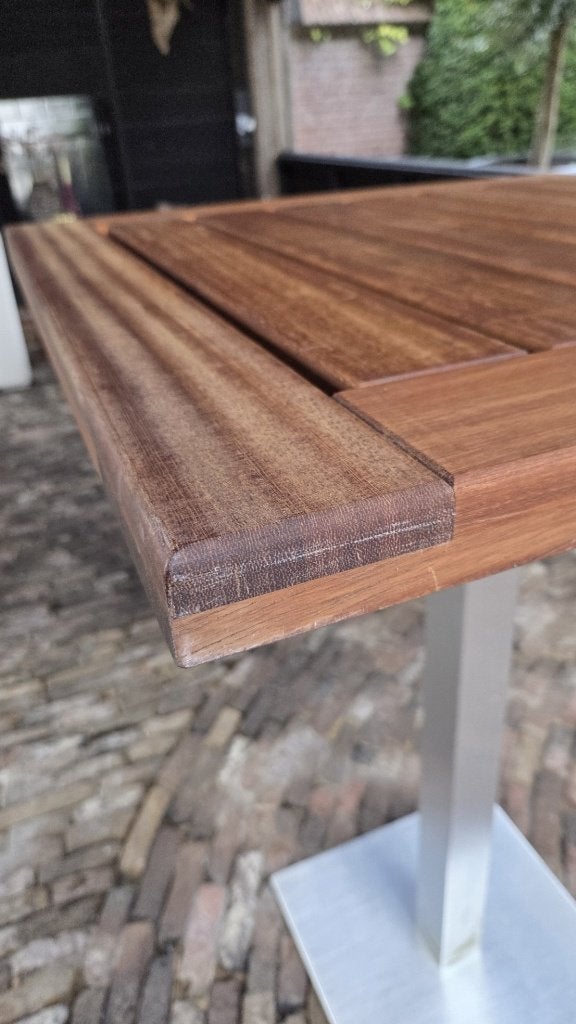 Vierkante bartafel statafel aluminium hardhout in en outdoor, Ophalen, Zo goed als nieuw