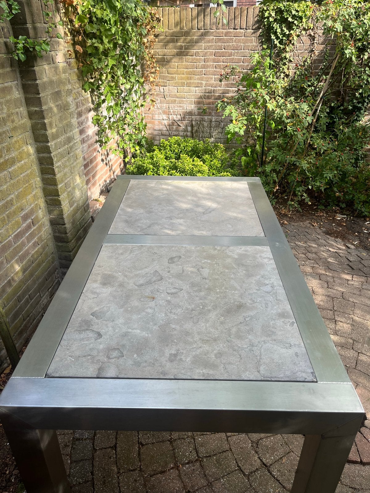 Tuintafel RVS onderstel met hardstenen blad, Ophalen, Gebruikt, Rechthoekig, Rvs