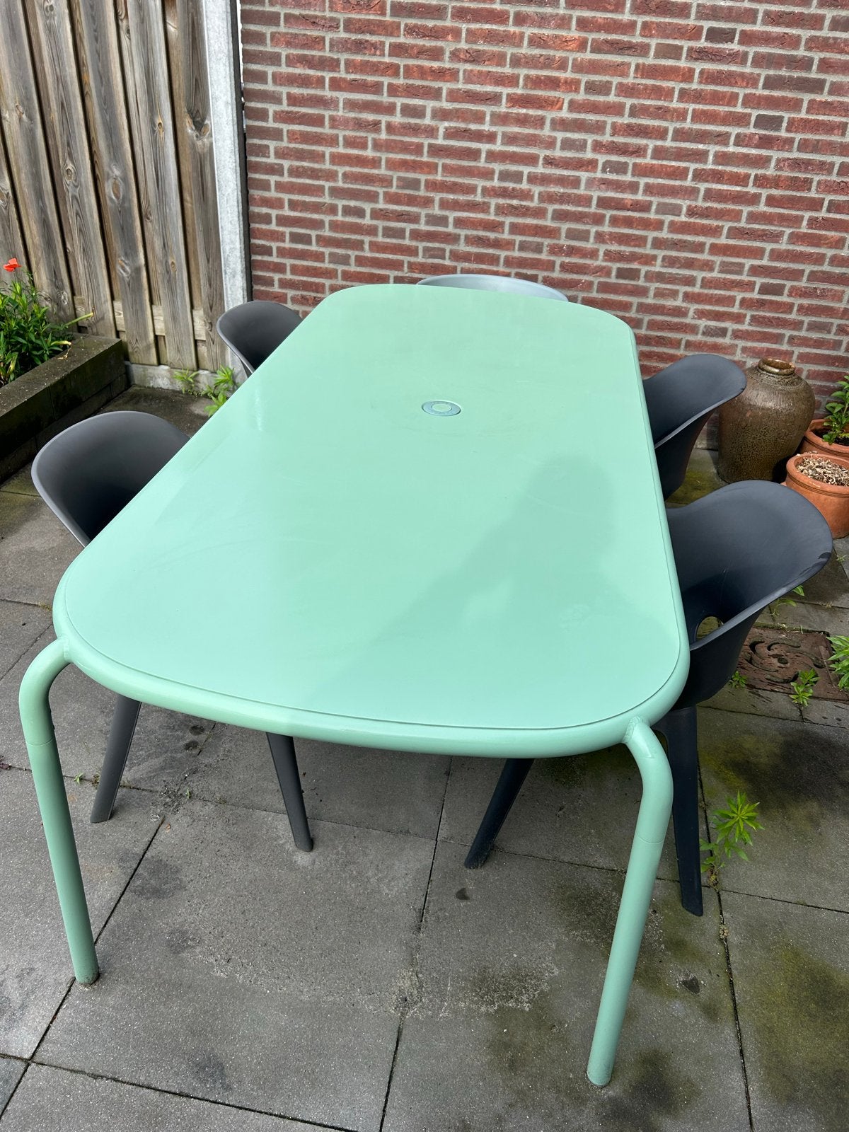 Fatboy Toni Tablo Buiten Eettafel incl 5 stoelen - Mintgroen, Ophalen, Gebruikt, Rechthoekig, Metaal
