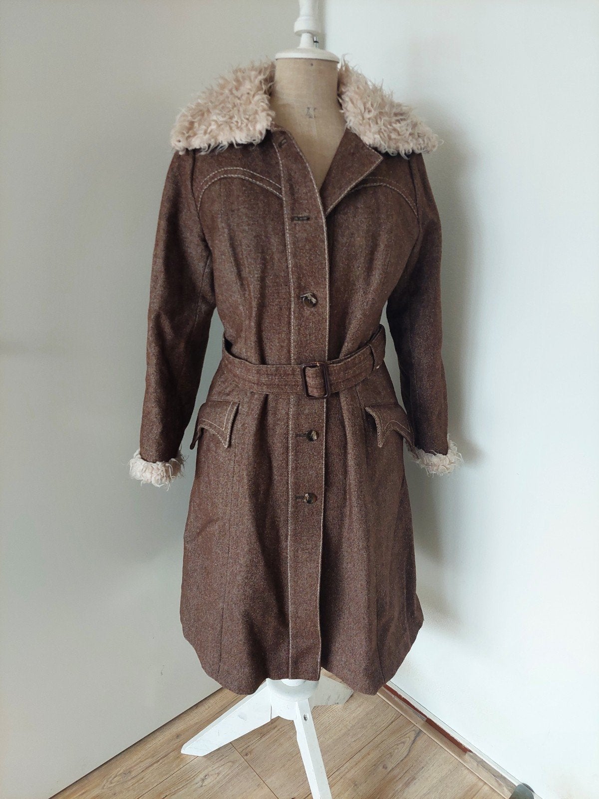 Vintage Elo Konfektion Mantel Jaren '70 met Wol Look, Kleding | Dames, Bruin, Maat 42/44 (L), Ophalen of Verzenden, Elo Konfektion