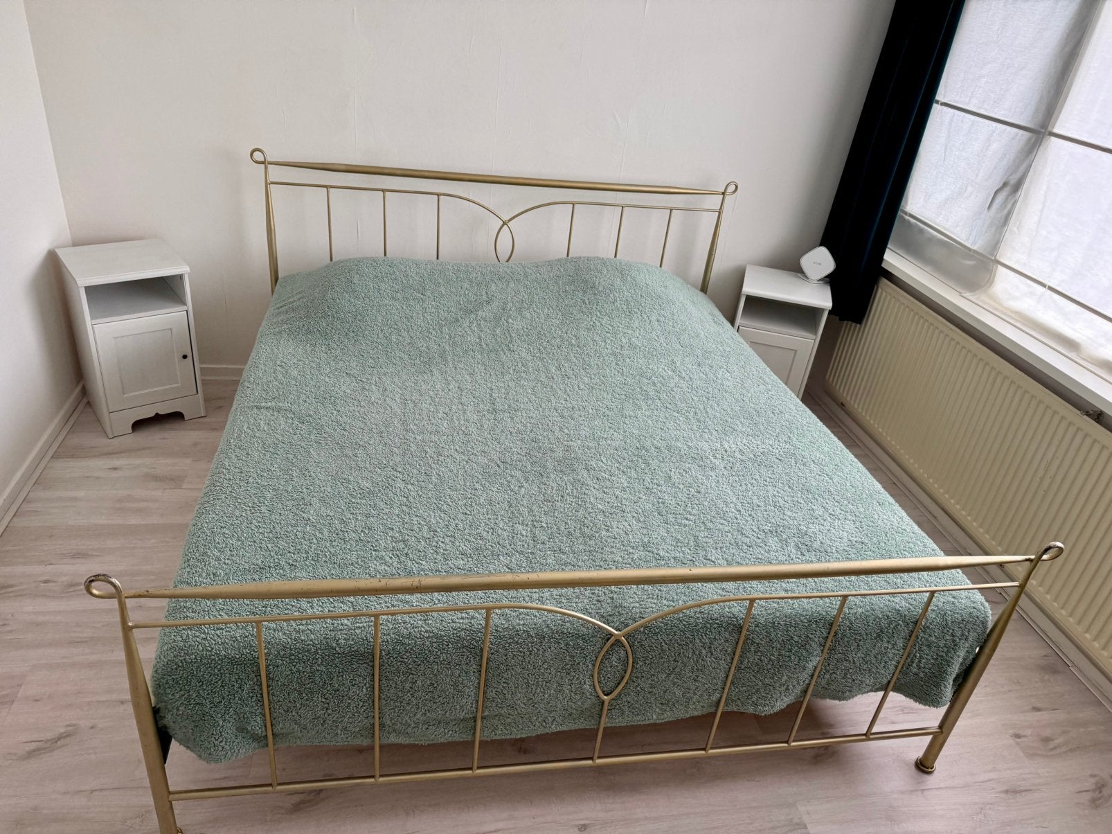 Gouden metalen bed 2-persoons bed goud met lattenbodems, Ophalen, Gebruikt, Overige kleuren, Tweepersoons