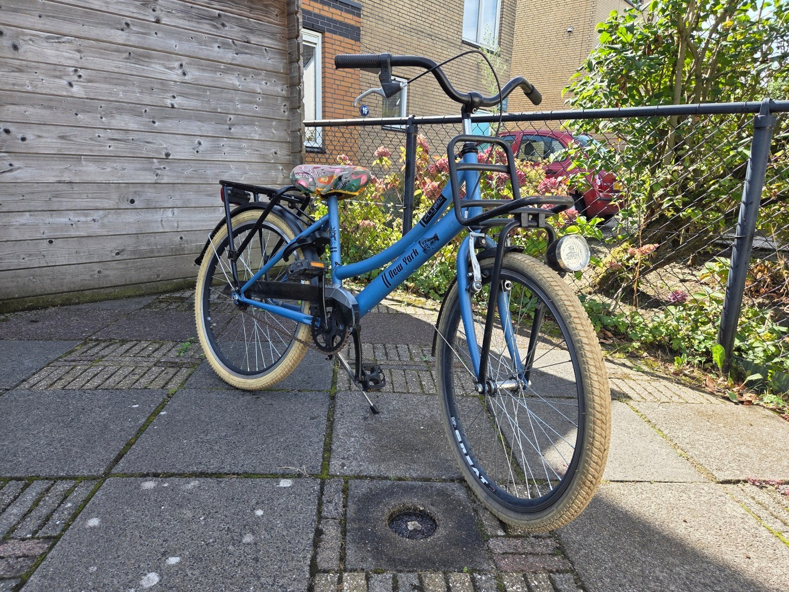 Blauwe transportfiets met handrem voor en terugtraprem., Gebruikt, Ophalen, Overige merken, Terugtraprem