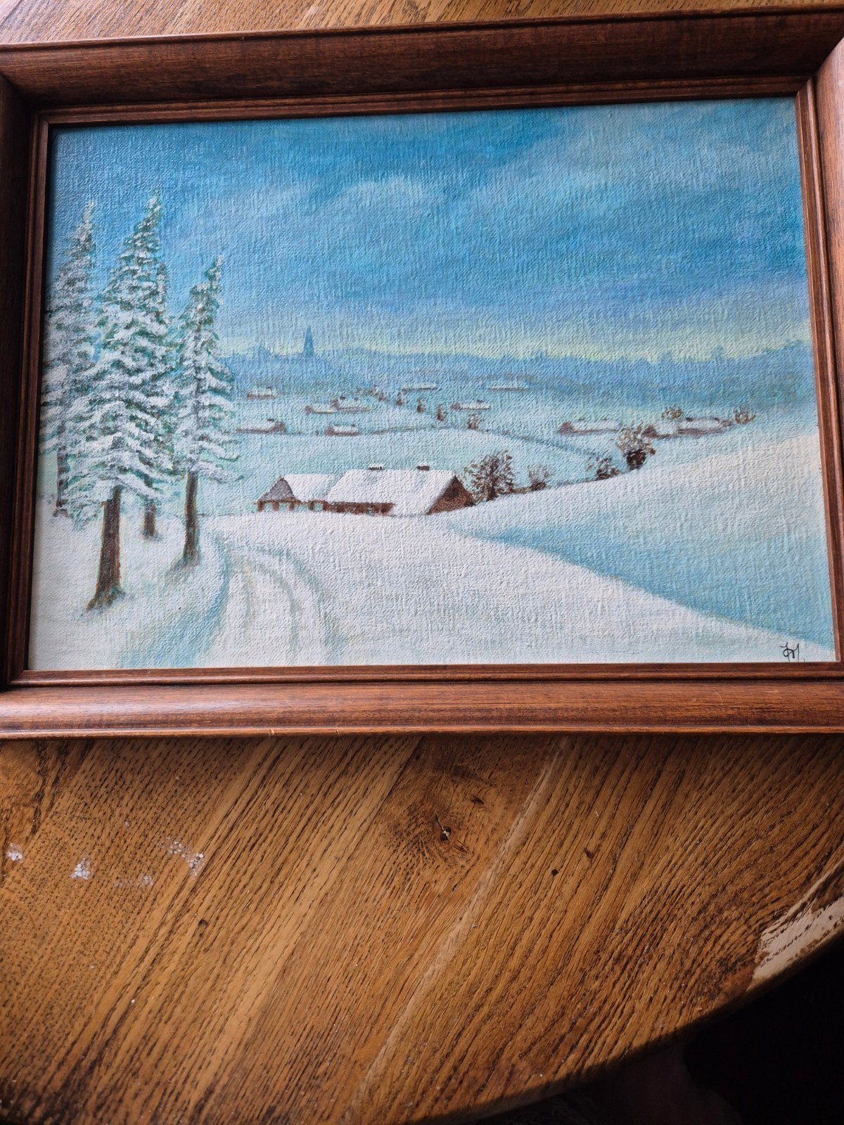 Sfeervol winters schilderij – Dorpsgezicht in de sneeuw, Ophalen of Verzenden, Stads- / dorpsgezicht