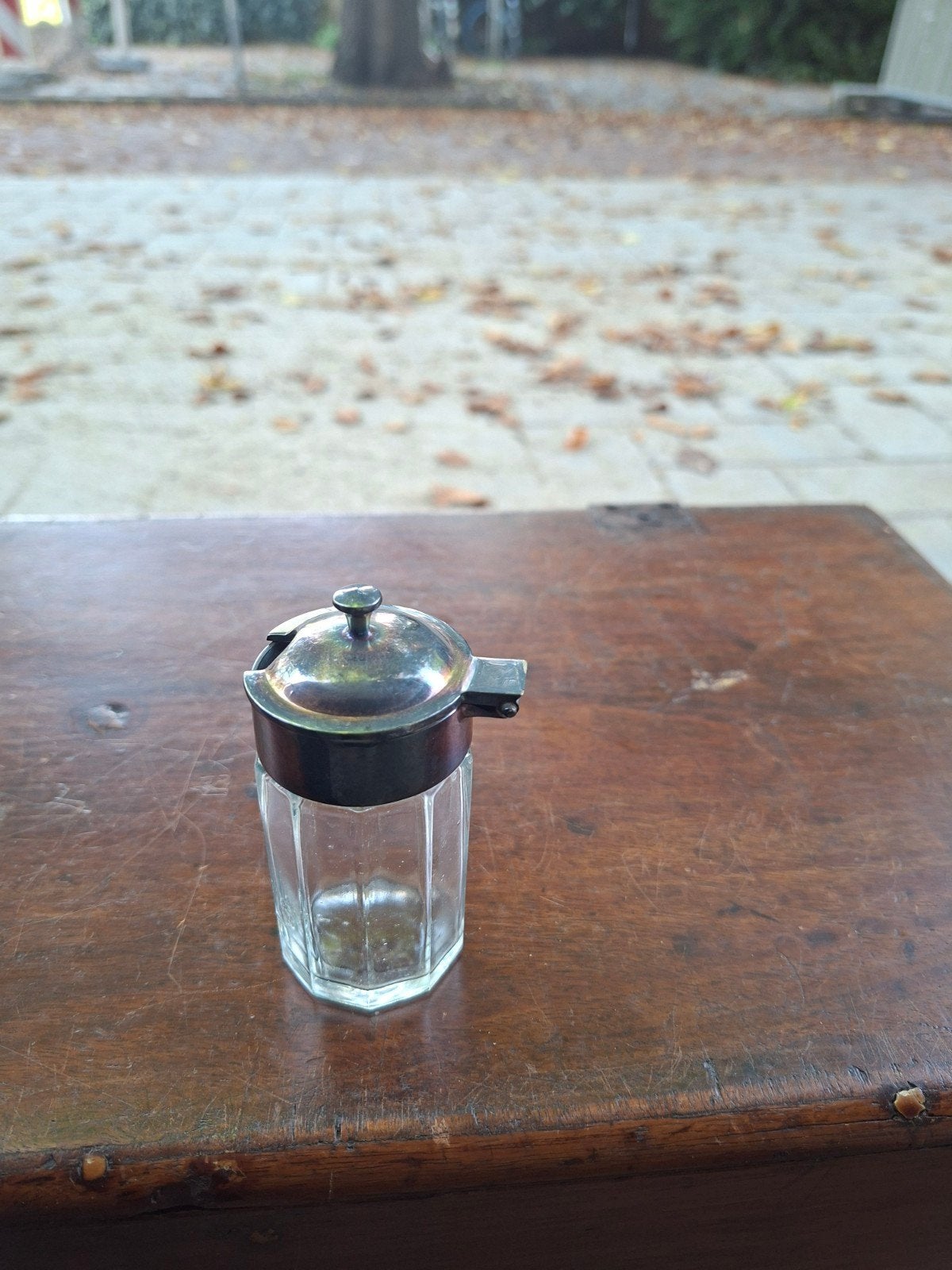 Antieke mosterd pot met metalen deksel, Antiek en Kunst, Ophalen of Verzenden