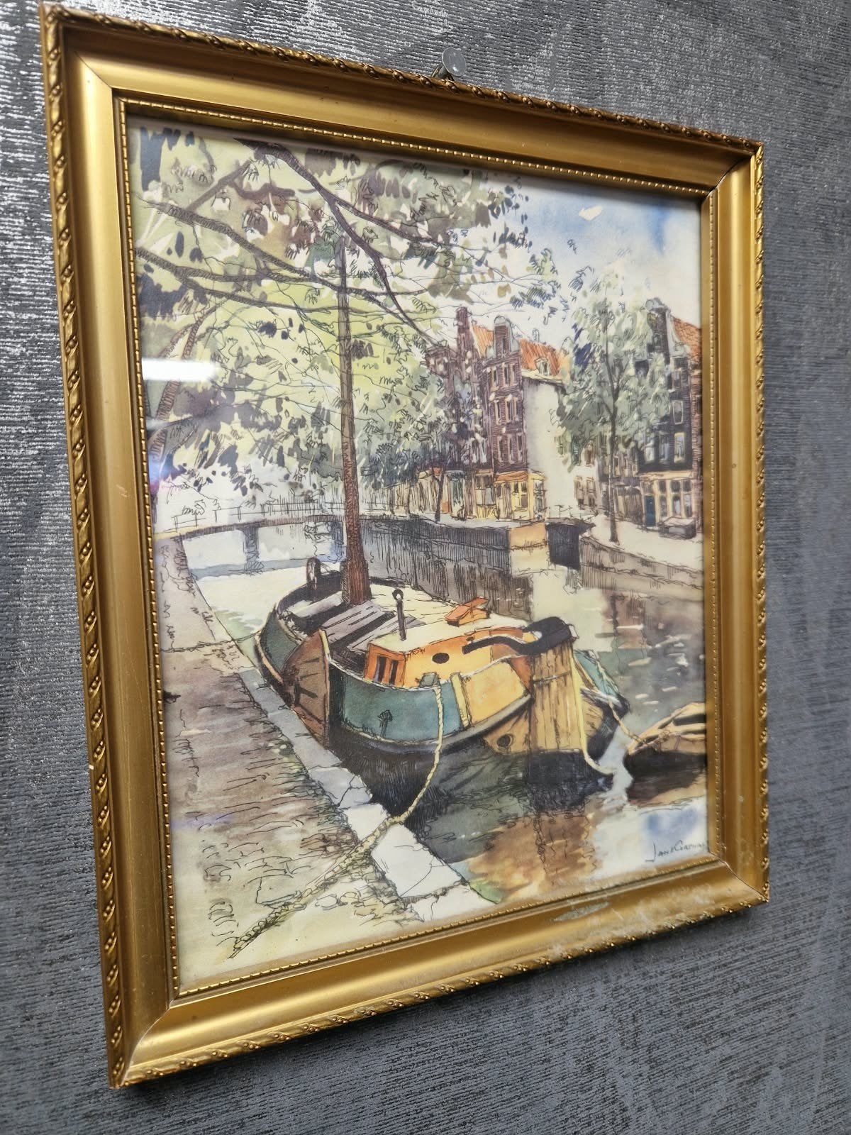 Aquarel Jan Korthals - Gracht met woonboot, Realistisch, Ophalen of Verzenden, Gesigneerd, Aquarel